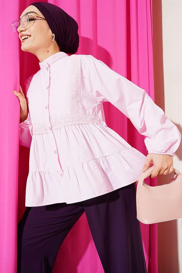 Pink Short Shirt with Lace Trim Front