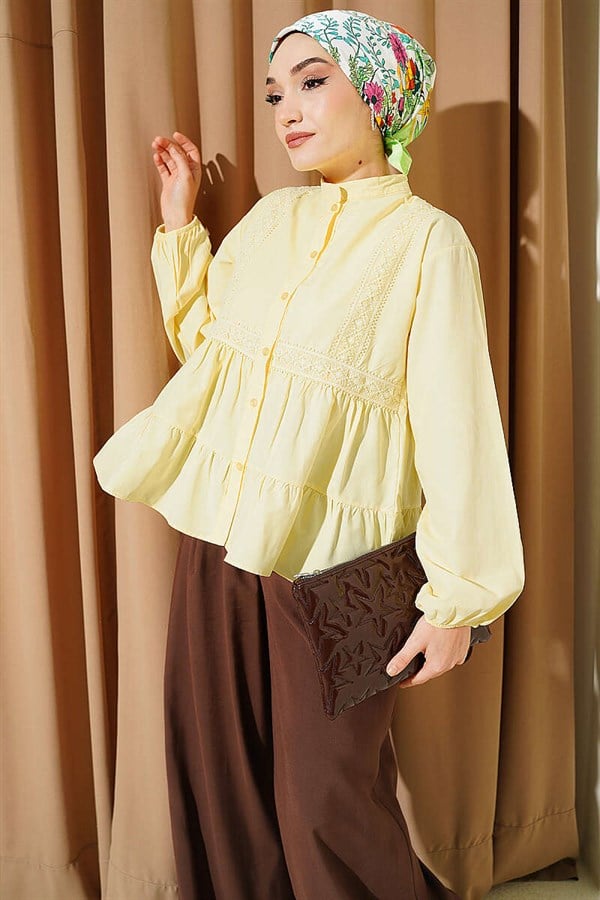 Short Shirt with Lace Trim Front, Yellow