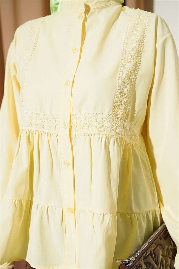 Short Shirt with Lace Trim Front, Yellow