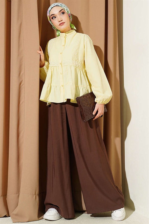 Short Shirt with Lace Trim Front, Yellow