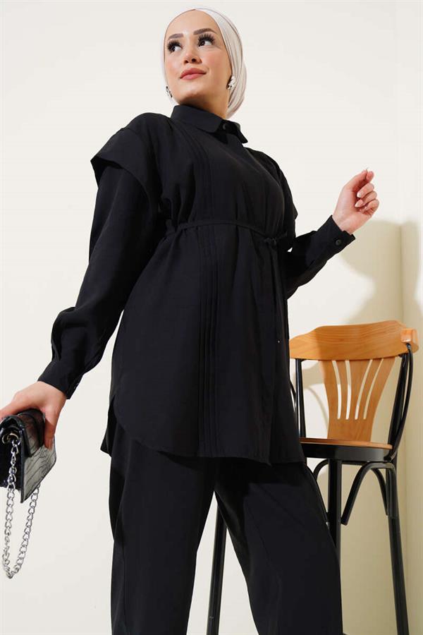 Front Pleated Laced 2 Piece Set Black