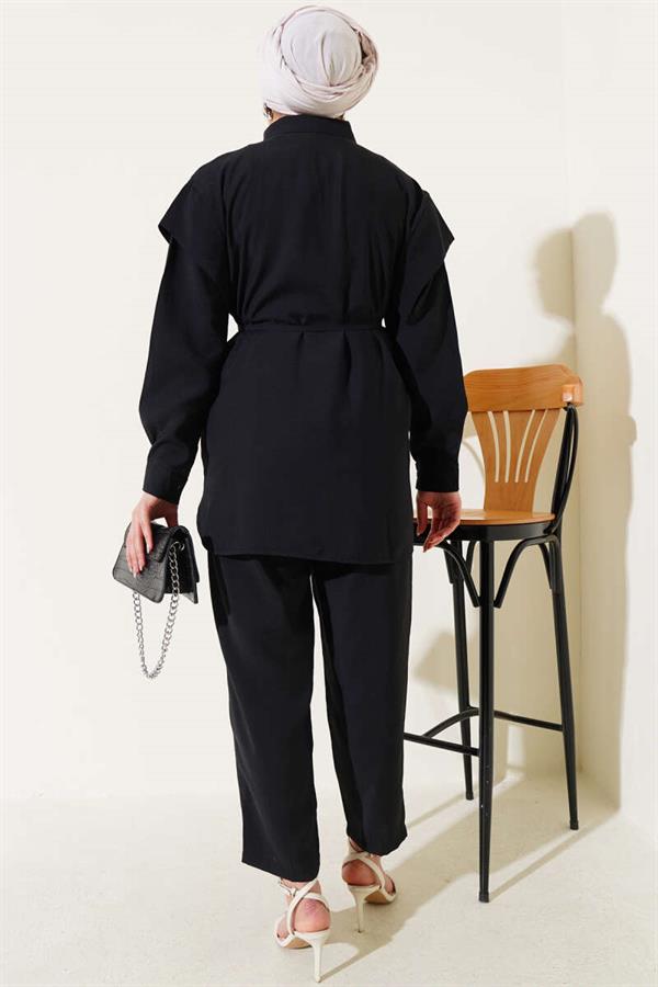 Front Pleated Laced 2 Piece Set Black