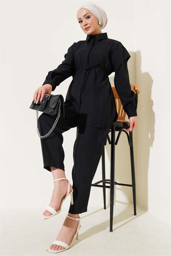 Front Pleated Laced 2 Piece Set Black