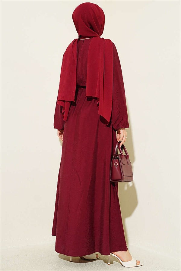 Burgundy Dress with Vertical Ruffles at the Front and Elastic Waist