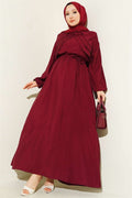 Burgundy Dress with Vertical Ruffles at the Front and Elastic Waist