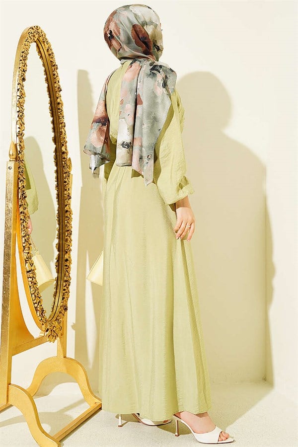 Dress with Vertical Ruffles at the Front and Elastic Waist, Sage Green