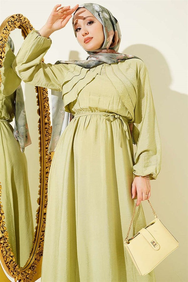 Dress with Vertical Ruffles at the Front and Elastic Waist, Sage Green