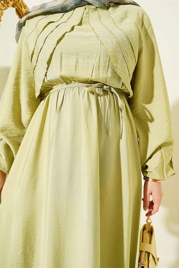 Dress with Vertical Ruffles at the Front and Elastic Waist, Sage Green
