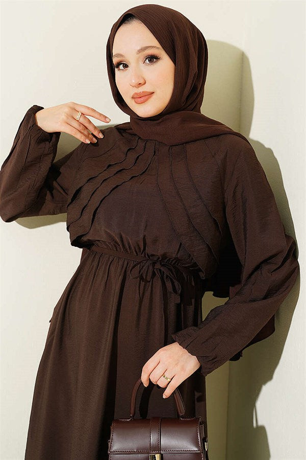 Brown Dress with Vertical Ruffles at the Front and Elastic Waist