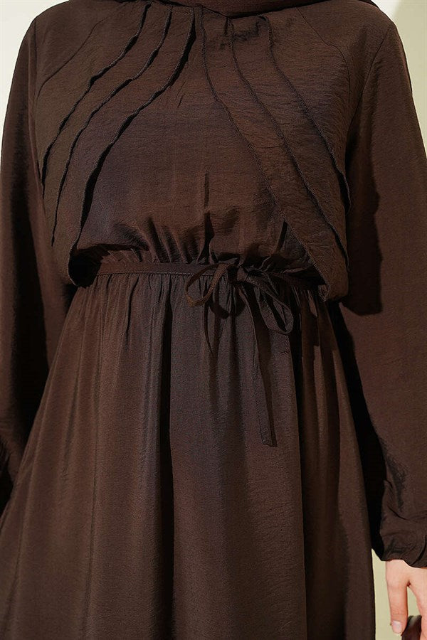 Brown Dress with Vertical Ruffles at the Front and Elastic Waist