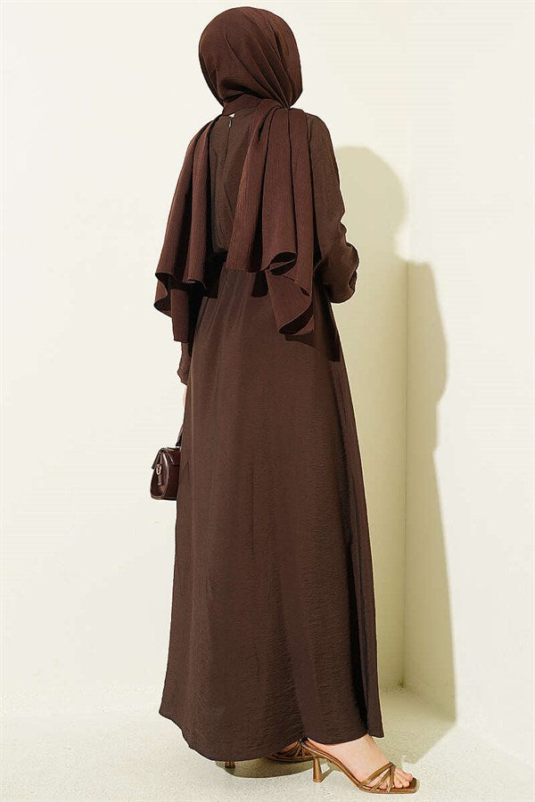 Brown Dress with Vertical Ruffles at the Front and Elastic Waist