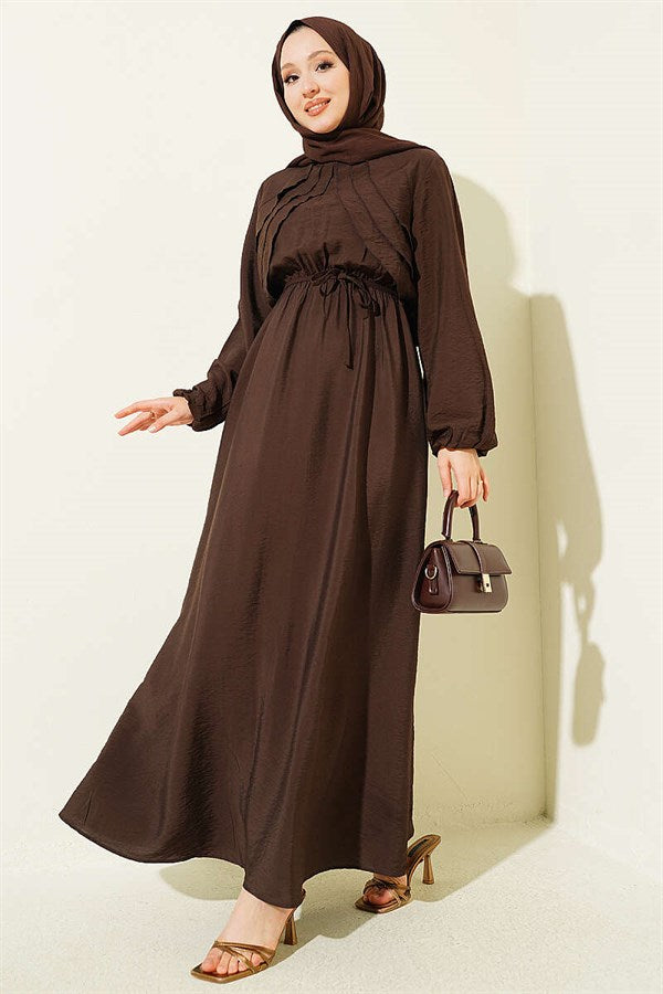Brown Dress with Vertical Ruffles at the Front and Elastic Waist