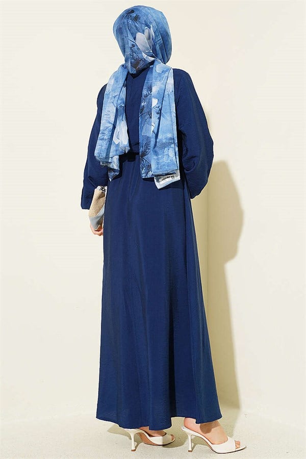 Navy Blue Dress with Vertical Ruffles at the Front and Elastic Waist