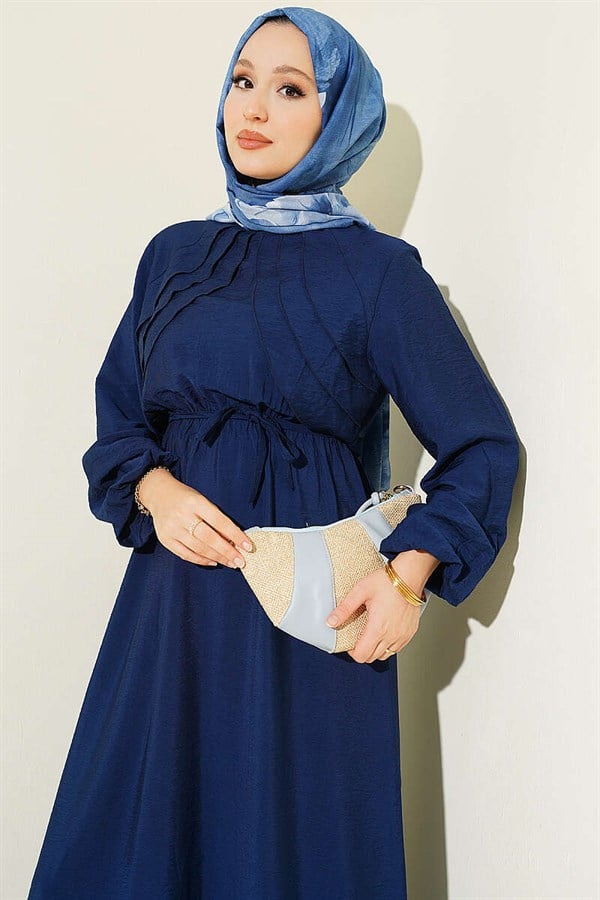 Navy Blue Dress with Vertical Ruffles at the Front and Elastic Waist
