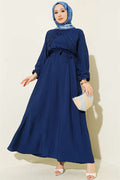 Navy Blue Dress with Vertical Ruffles at the Front and Elastic Waist