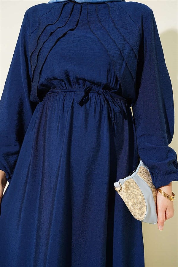 Navy Blue Dress with Vertical Ruffles at the Front and Elastic Waist