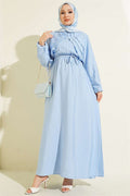 Blue Dress with Vertical Ruffles at the Front and Elastic Waist