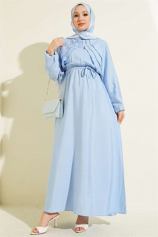 Blue Dress with Vertical Ruffles at the Front and Elastic Waist