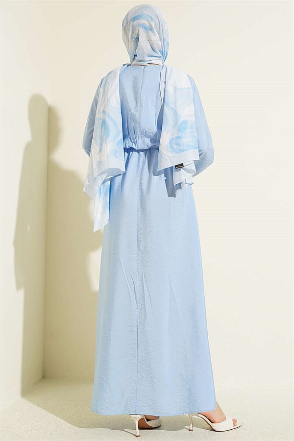 Blue Dress with Vertical Ruffles at the Front and Elastic Waist
