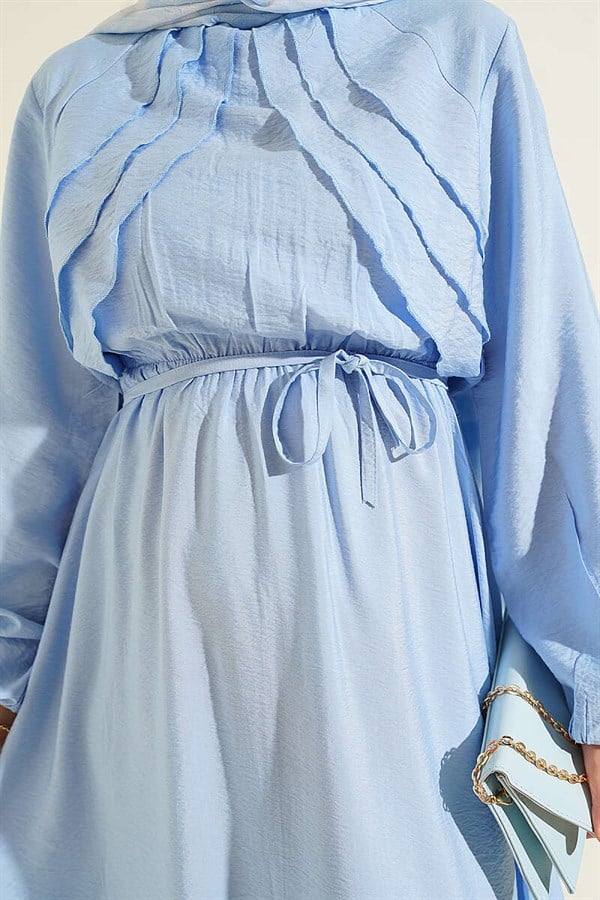 Blue Dress with Vertical Ruffles at the Front and Elastic Waist