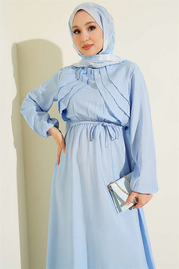 Blue Dress with Vertical Ruffles at the Front and Elastic Waist