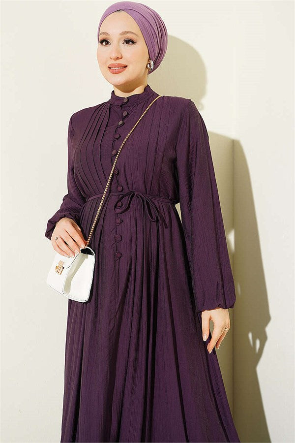 Purple Dress with Vertical Ruffles at the Front and Elastic Waist