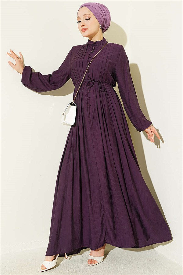 Purple Dress with Vertical Ruffles at the Front and Elastic Waist