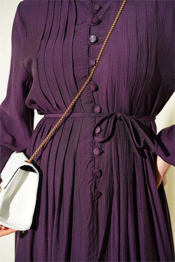 Purple Dress with Vertical Ruffles at the Front and Elastic Waist