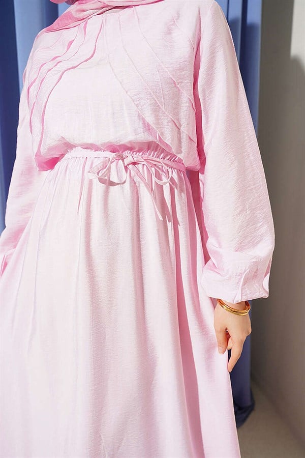 Pink Dress with Vertical Ruffles at the Front and Elastic Waist
