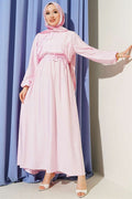 Pink Dress with Vertical Ruffles at the Front and Elastic Waist