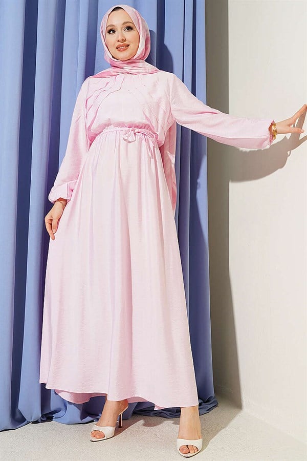 Pink Dress with Vertical Ruffles at the Front and Elastic Waist