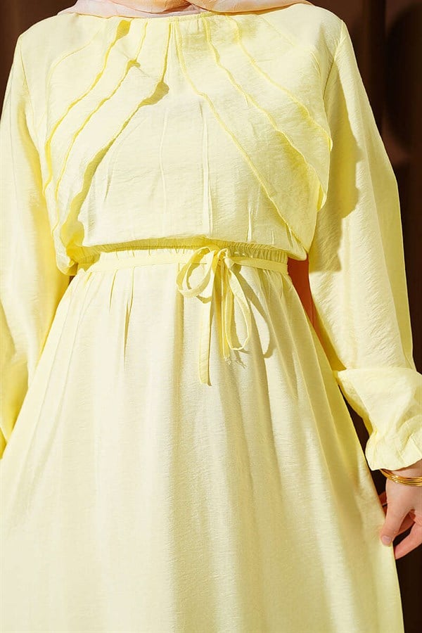 Yellow Dress with Vertical Ruffles at the Front and Elastic Waist