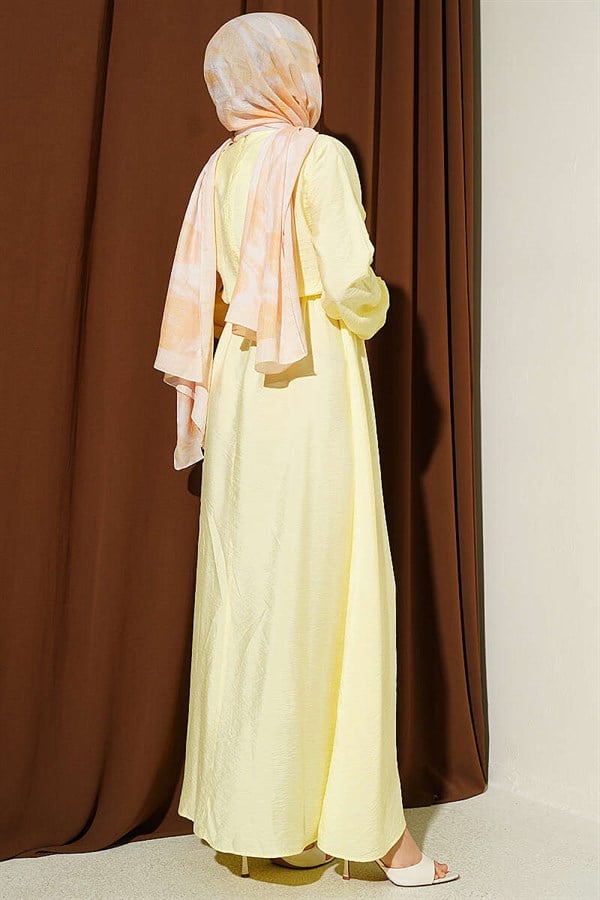 Yellow Dress with Vertical Ruffles at the Front and Elastic Waist