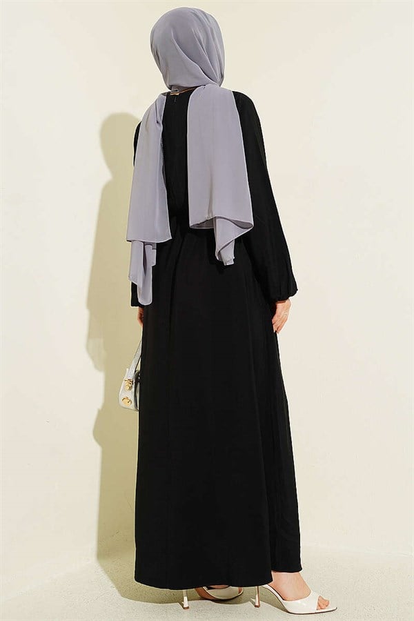 Black Dress with Vertical Ruffles at the Front and Elastic Waist