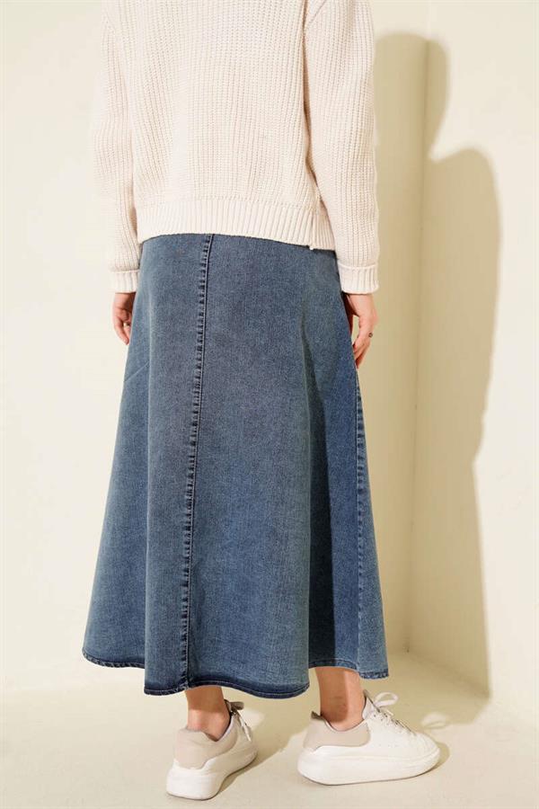 Denim Skirt with Front Stitching Detail and Belt