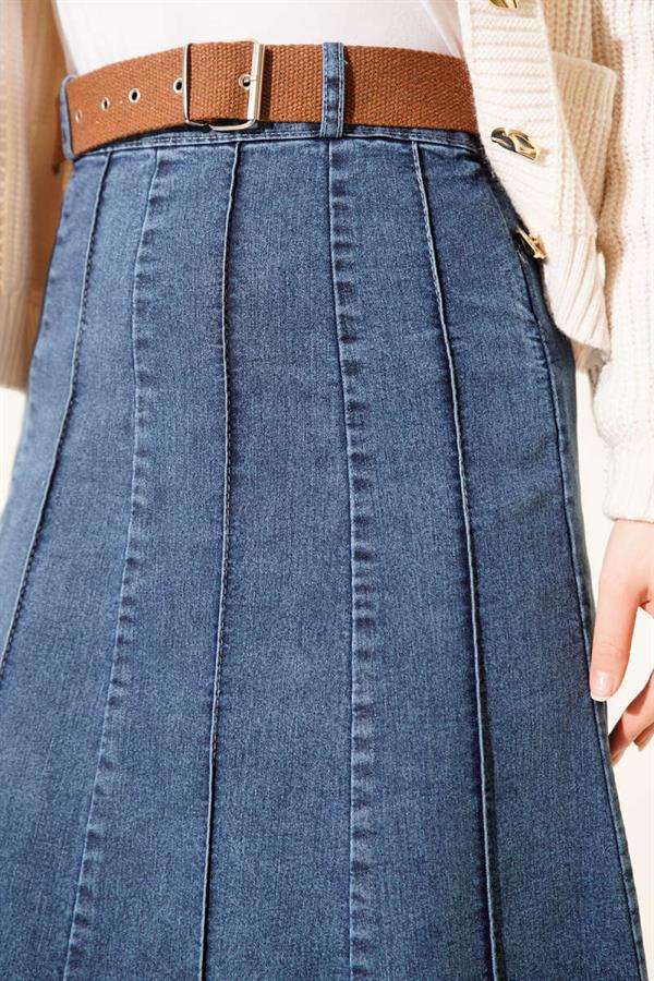 Denim Skirt with Front Stitching Detail and Belt