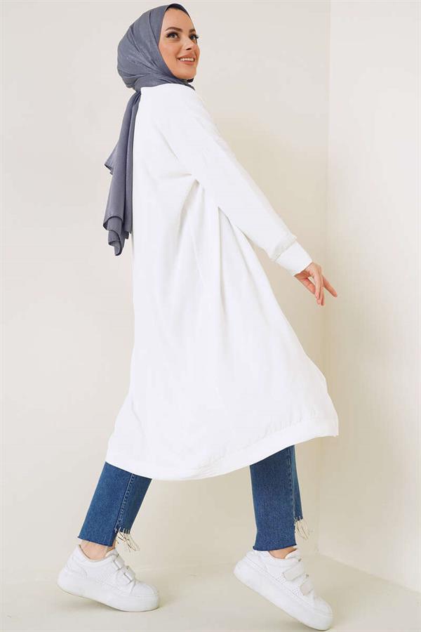 Aerobin White Long Cardigan with Front Buttons