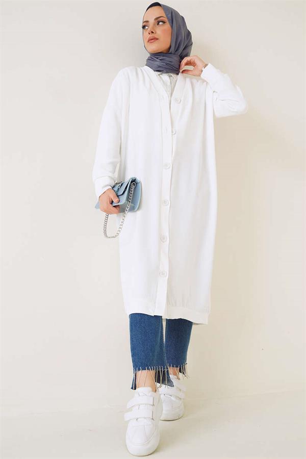 Aerobin White Long Cardigan with Front Buttons