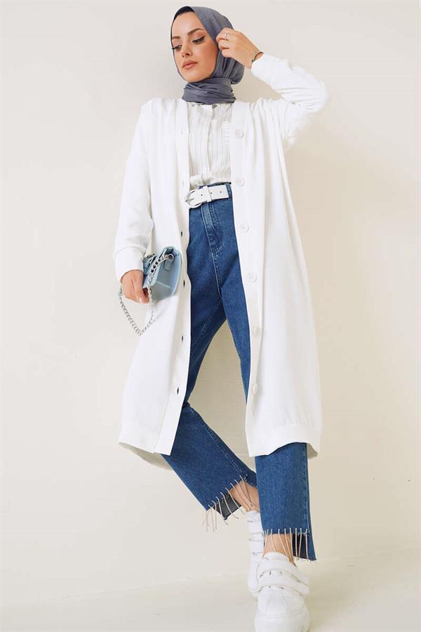 Aerobin White Long Cardigan with Front Buttons