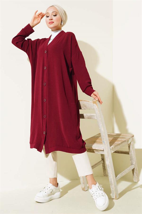 Aerobin Burgundy Long Cardigan with Front Buttons