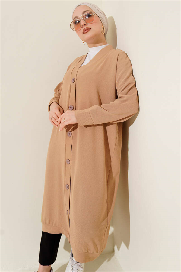 Button-Front Ayrobin Biscuit Long Cardigan