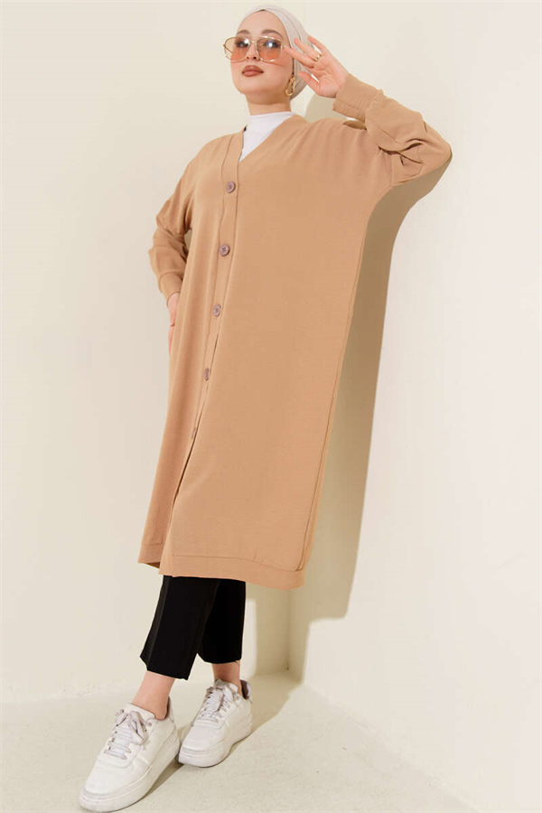 Button-Front Ayrobin Biscuit Long Cardigan
