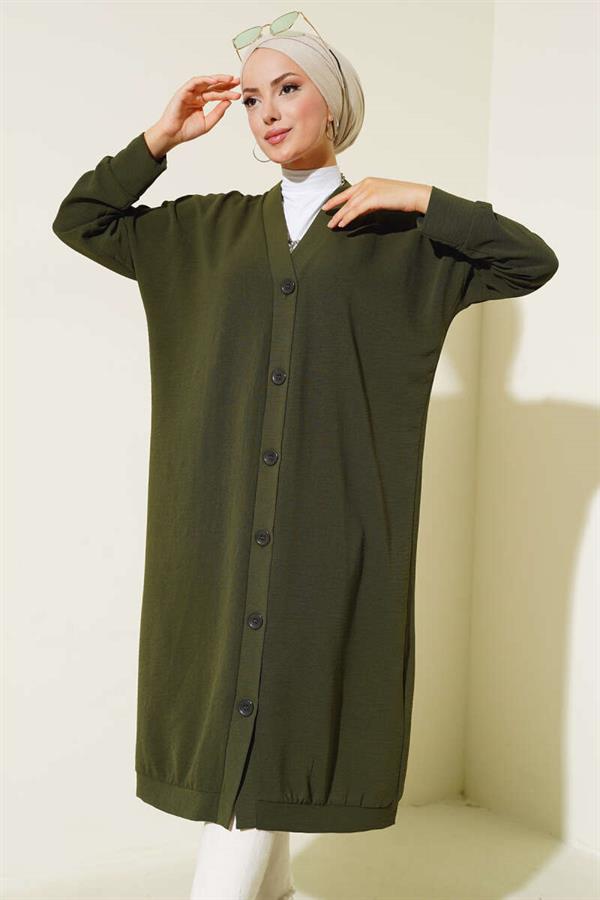 Aerobin Khaki Long Cardigan with Buttons on the Front