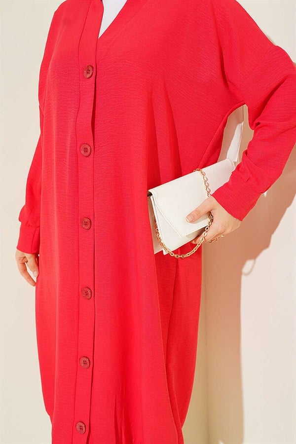 Button-Front Ayrobin Red Long Cardigan