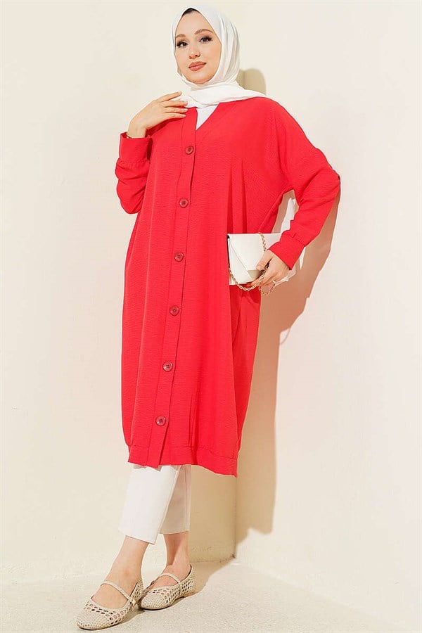 Button-Front Ayrobin Red Long Cardigan