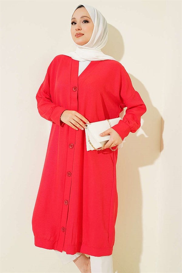 Button-Front Ayrobin Red Long Cardigan