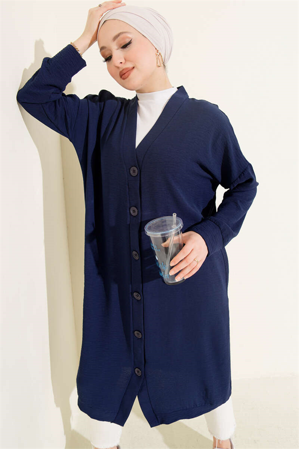Ayrobin Navy Blue Long Cardigan with Button Front