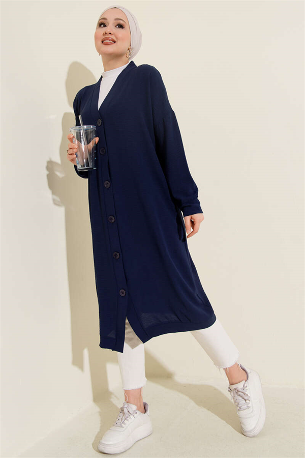 Ayrobin Navy Blue Long Cardigan with Button Front
