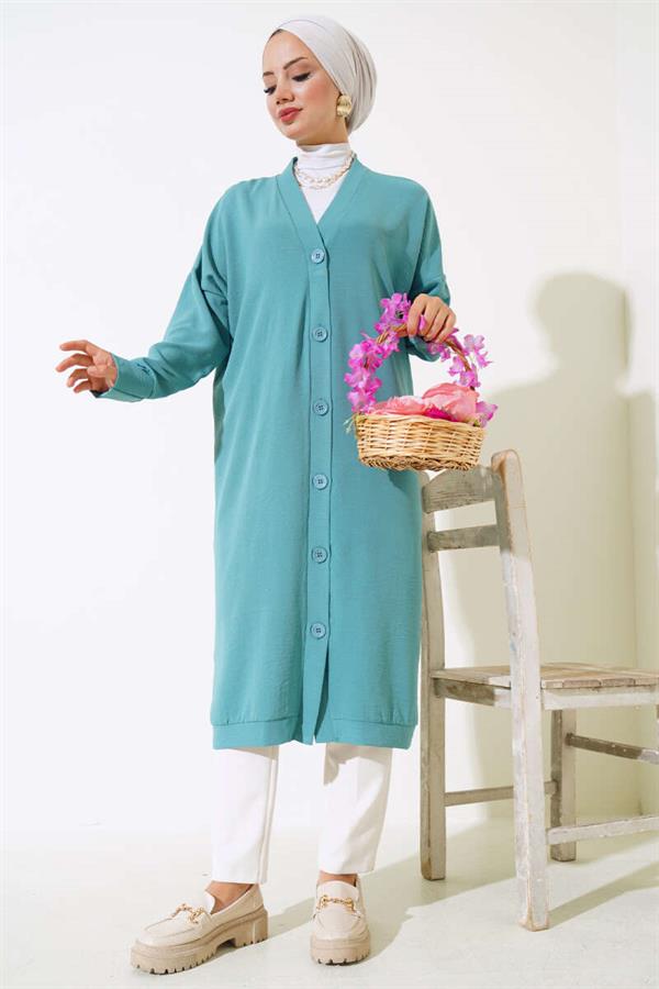 Aerobin Turquoise Long Cardigan with Buttons on the Front