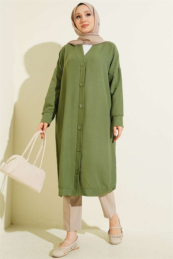 Button-Front Ayrobin Green Long Cardigan